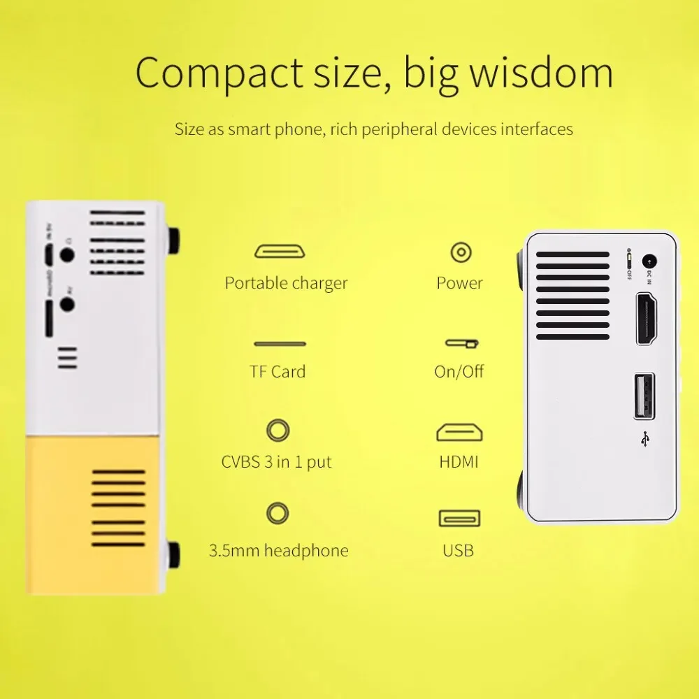 YG300 Pro Mini LED Projector Wired Mirror SmartPhone 1000 Lumen 320x240P HDMI Compatible USB Audio Home Theater Media Player