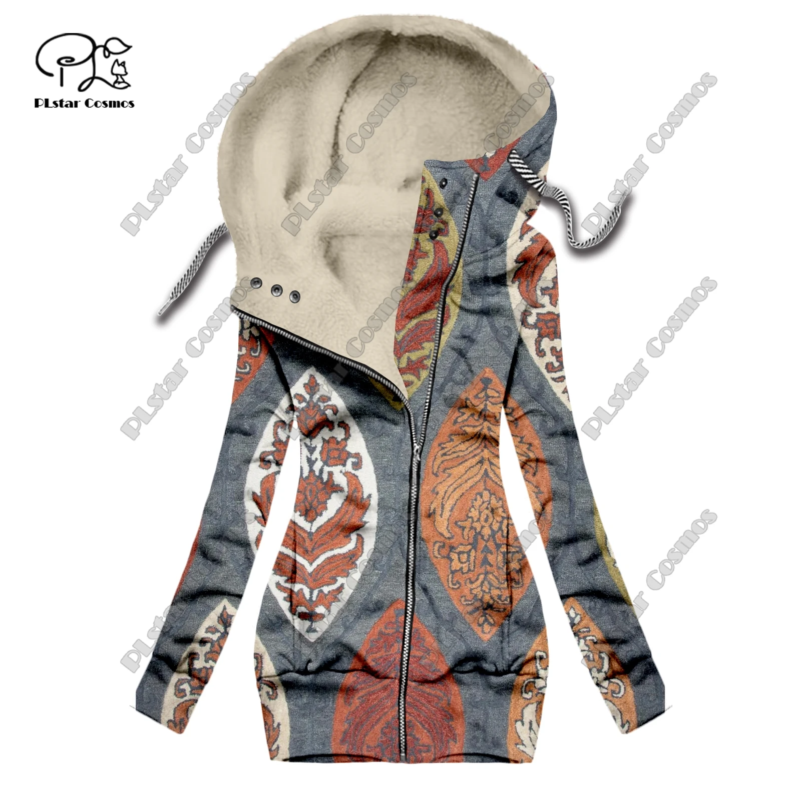 New 3D printing retro series floral carpet totem pattern plus velvet warm women's long zipper sweatshirt casual winter F-2