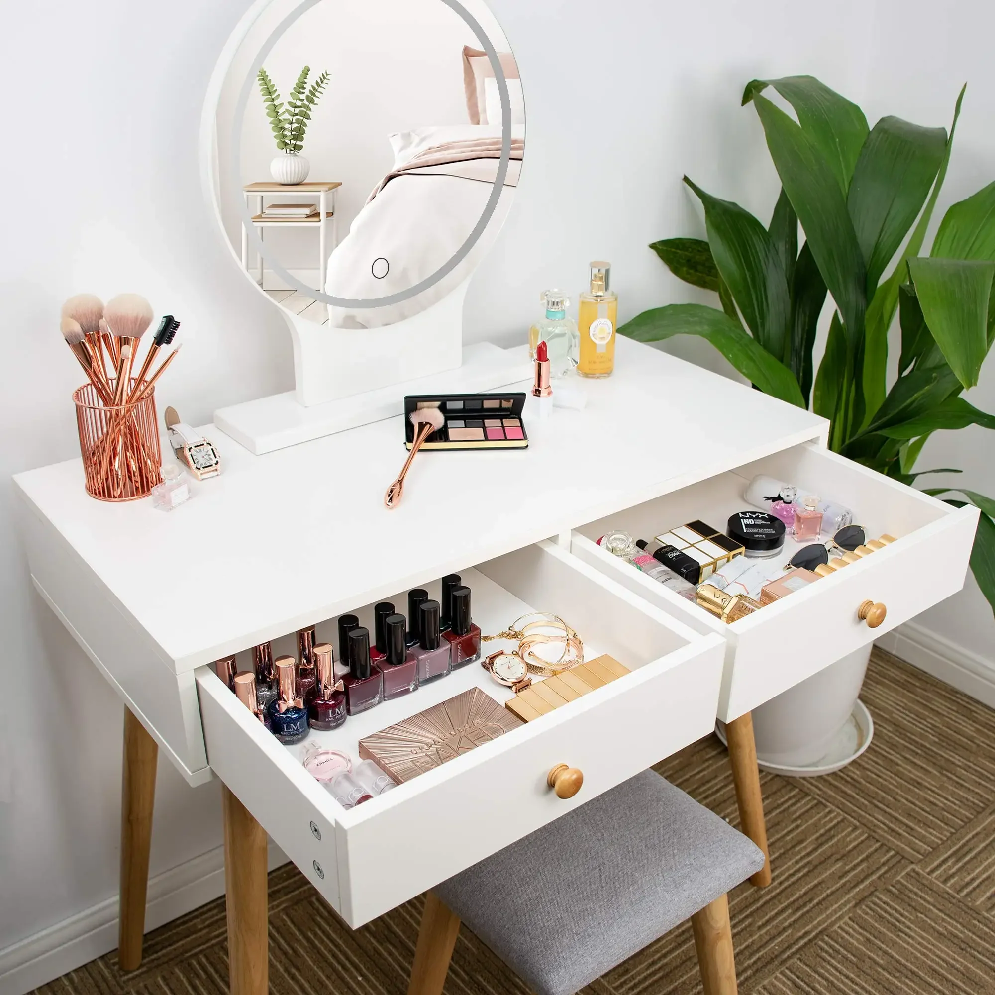 

#For coiffeuse avec miroir led White Makeup Table with Drawer Padded Dressing Stool and Adjustable Brightness Mirror for Makeup