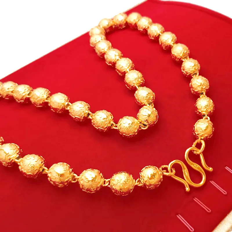 9999 Gold Fu Character Cloud Pattern Necklace Hollow Beads Round Beads Buddhist Bead Necklace for Men