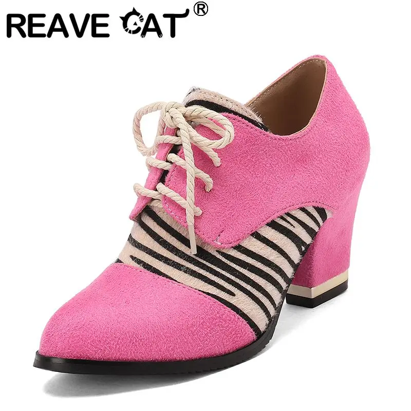 

REAVE CAT Green Flock Suede Women Pumps Pointed Toe 8cm Chunky Heels Lace Up Mixed Color Large Size 41 42 43 Office Lady Shoes