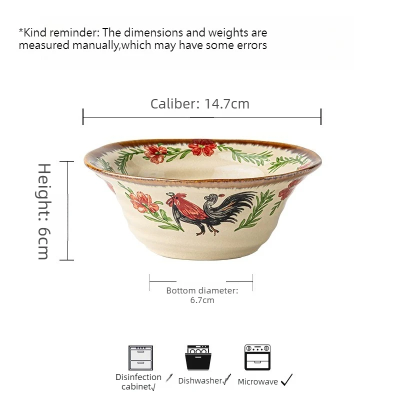 Vintage Rooster Pattern Ceramic Bowl Threaded Large Capacity Soup Salad Rice Bowl Kitchen Tableware Household Goods