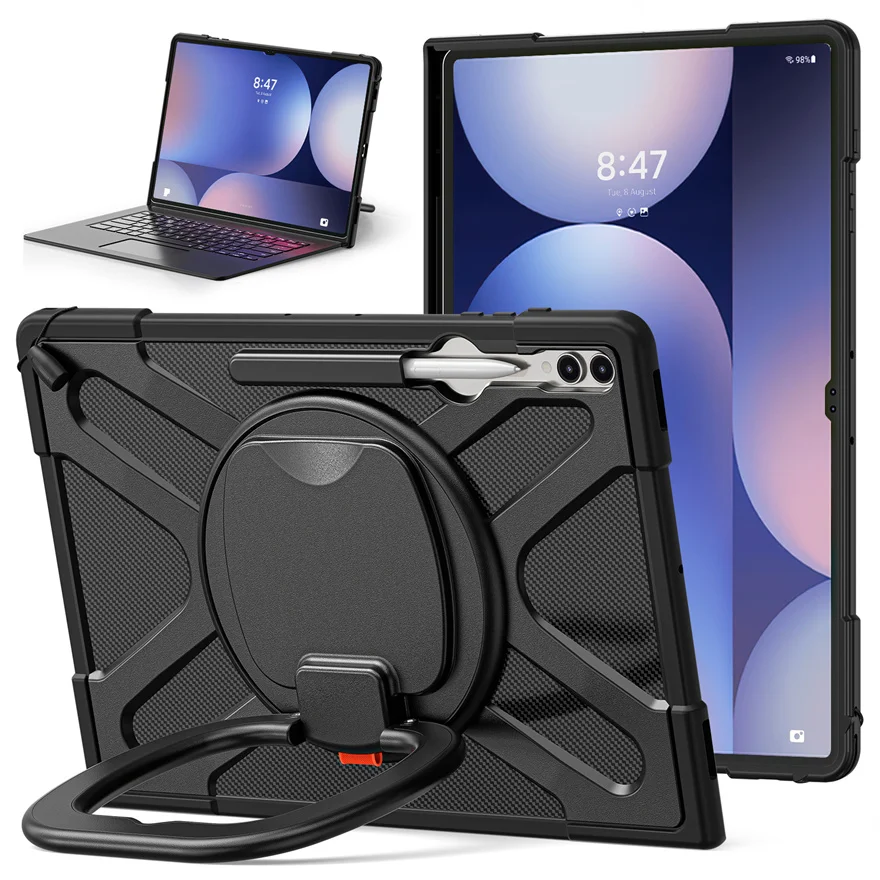 Voor Samsung Galaxy Tab S10 S9 S8 Ultra Case 14,6 inch PC + TPU 360 ° Roterende beugel met vier hoeken anti-val beschermende schaal