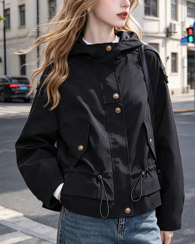 Women's Jacket 2026 New Autumn Winter Drawstring Decorative Brown Loose Trench Coat for Women Chic Personality Lady Outerwear