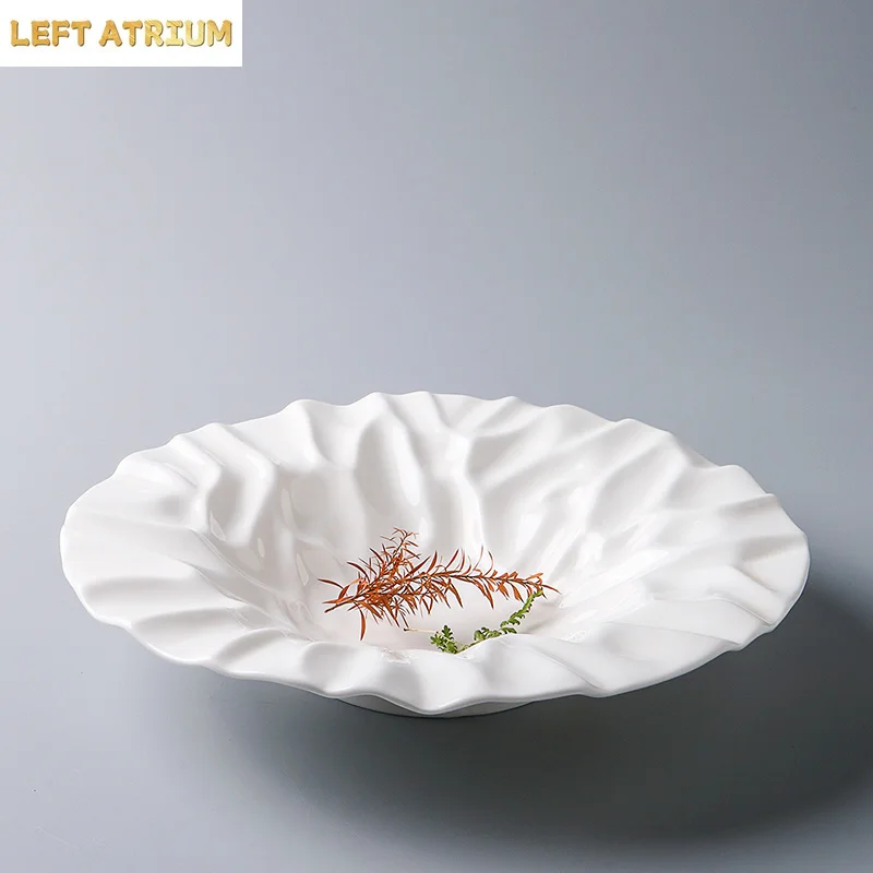 Wrinkle Texture Ceramic Plate White Salad Plate Thick Soup Plate Dessert Pasta Dish Serving Plates Molecular Cuisine Tableware