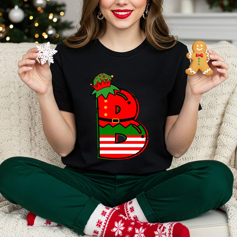 Funny Christmas Family Shirts 2026 Matching Santa Alphabet Graphic Tee for Mom Dad Kids Unisex T-Shirt Xmas Party Outfits Wear