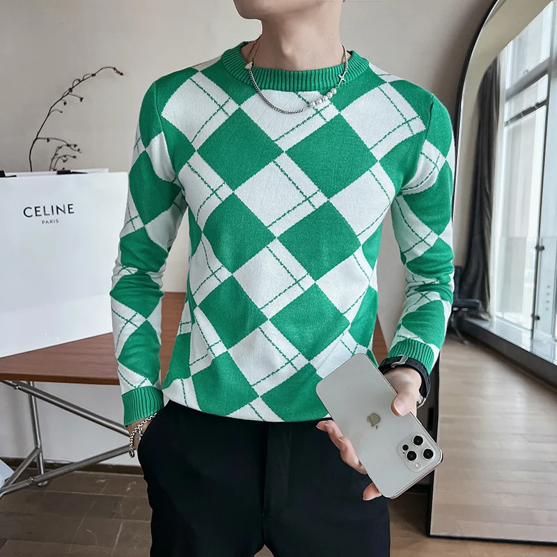 

2023 Brand Clothing Men Spring High Quality Casual Knit Sweater Round Collar Slim Fit Plaid Pullover/Man Shirts S-3XL