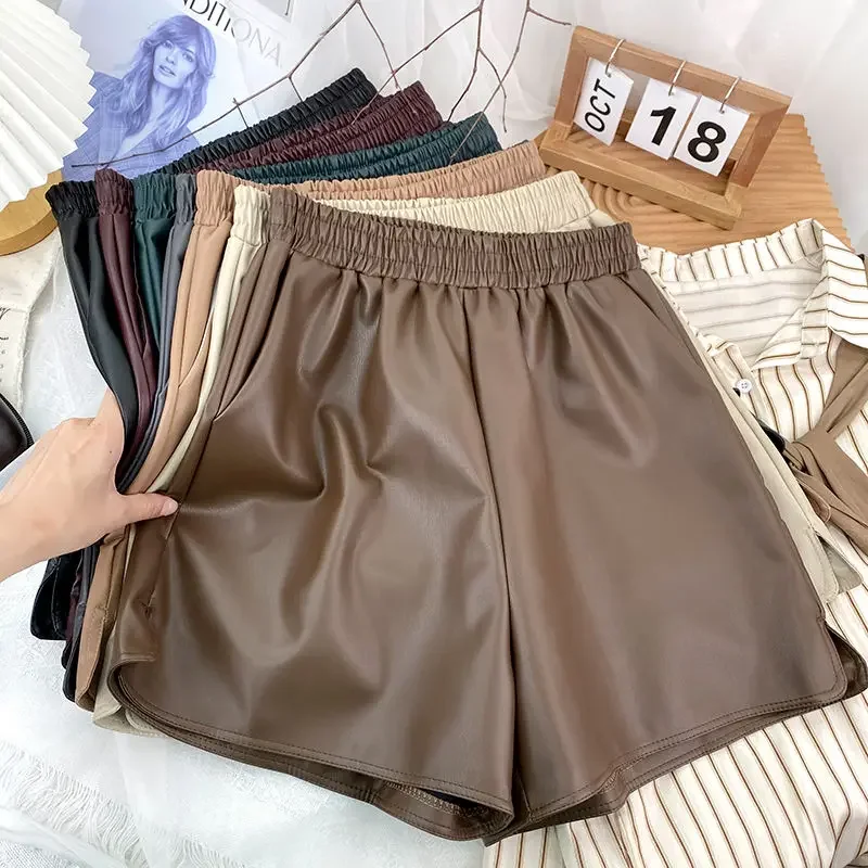 

2024 Women Fashion Faux Leather Shorts High Waist Elastic Waistline Vintage Female Wide Leg Shorts Streetwear