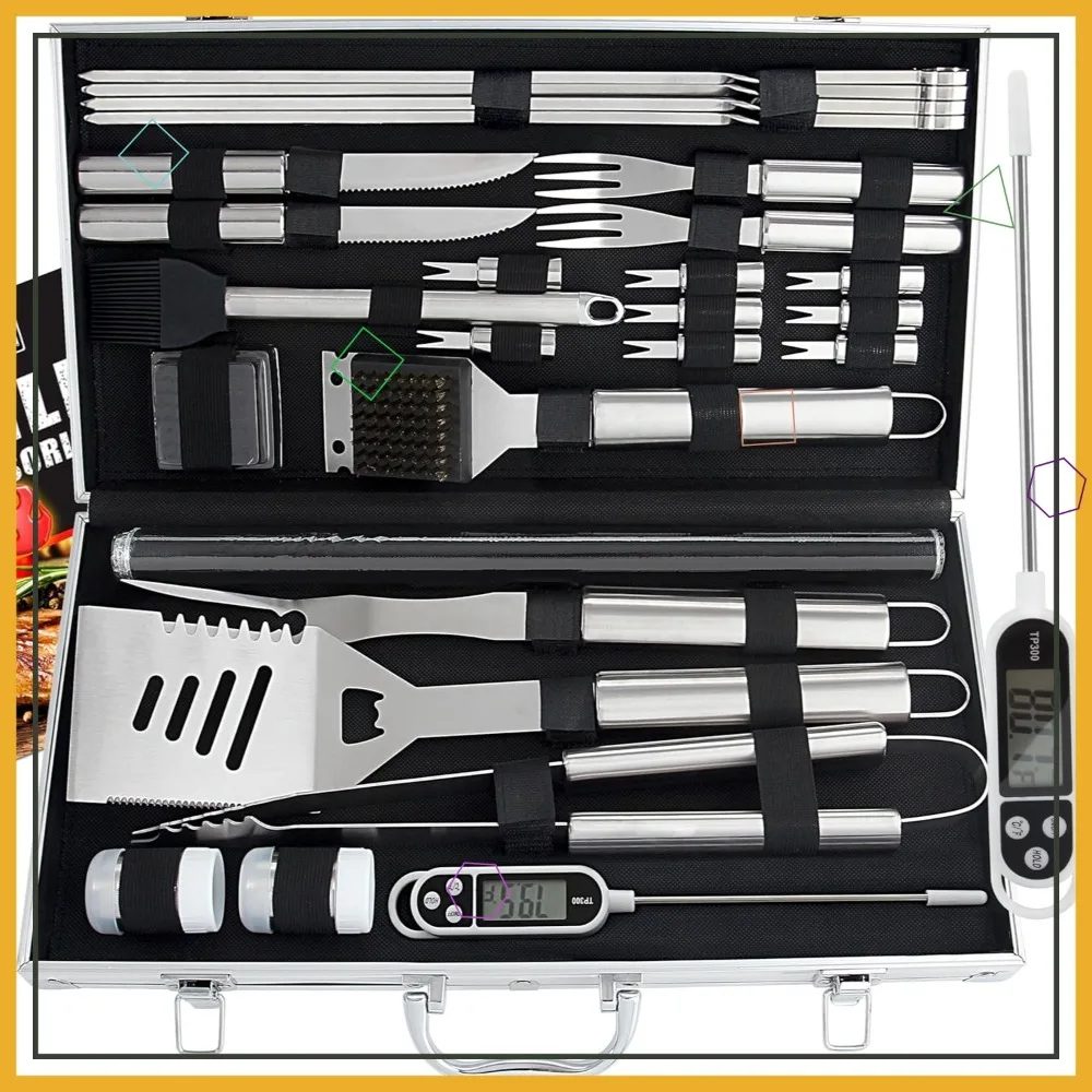 

28-Piece BBQ Grill Set with Thermometer - Heavy Duty Stainless Steel Tools for Outdoor Cooking, Camping, and Gifting