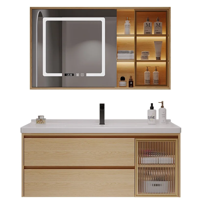 Hotel Washroom Furniture Luxury Solid Wood Floor Mount Bathroom Vanity Units Waterproof Bathroom Cabinet with Smart Mirror