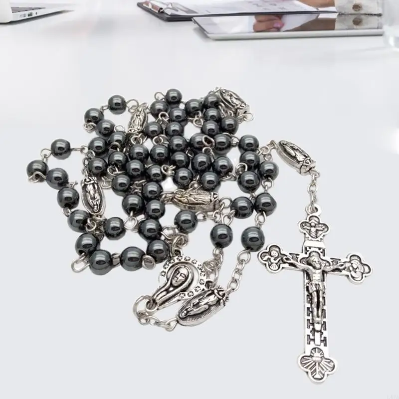 L43A Vintage Religion Rosary Necklace Hematite Stone Round Beads Chain with Jesus for Cross Pendant Necklace Charms Prayer Gift