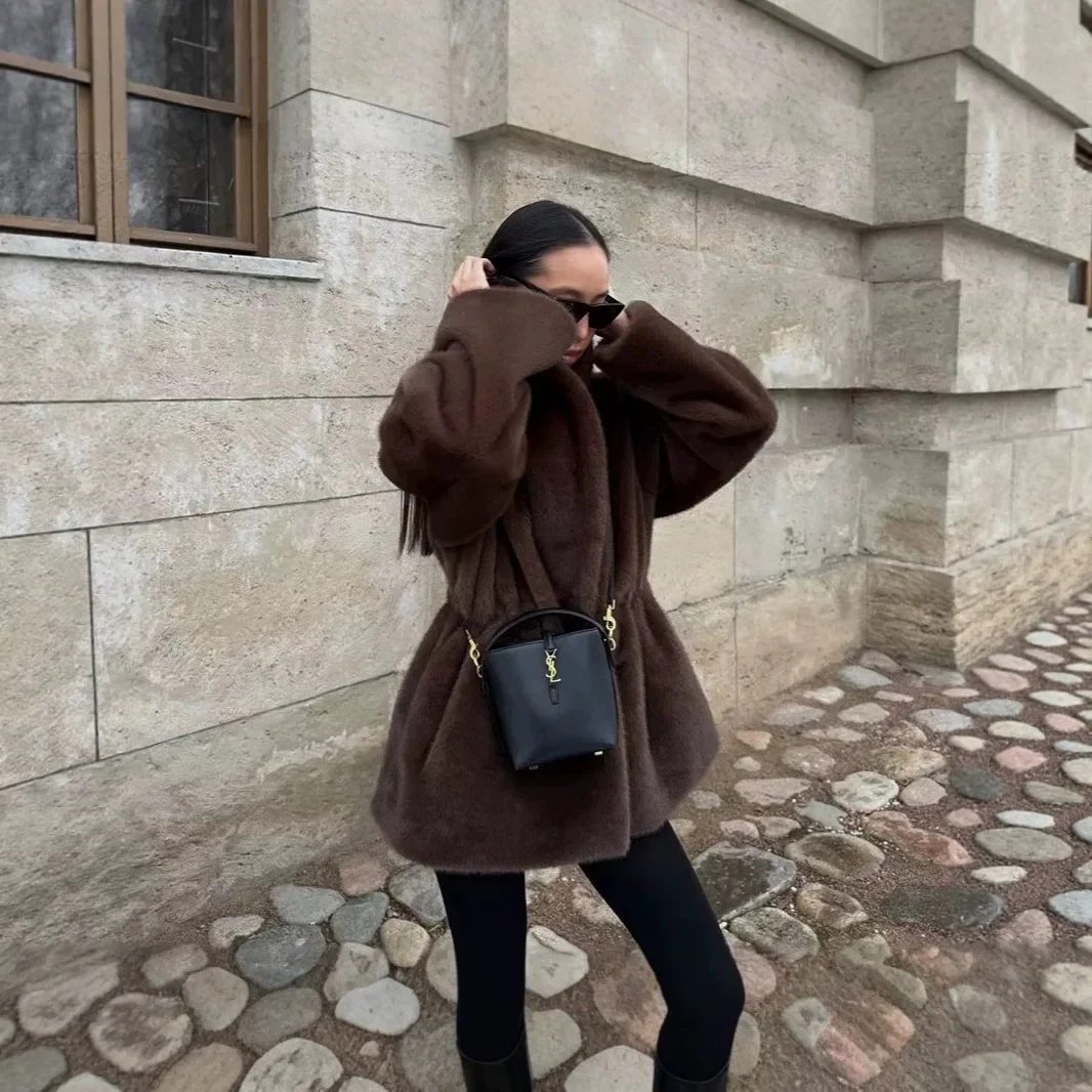 Women's imitation mink fur jacket autumn and winter waist medium and long loose lapel plush coat