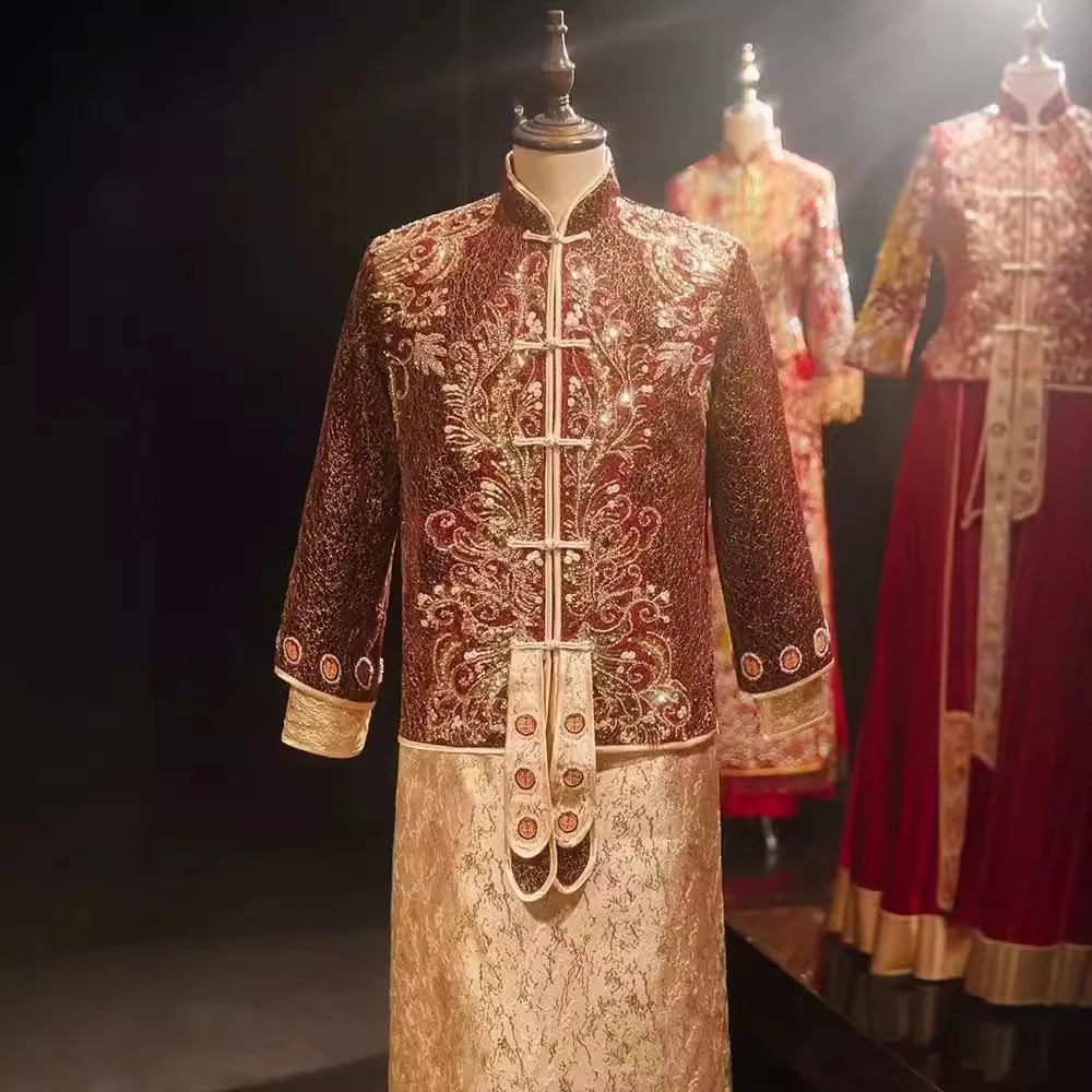 

Костюм для жениха Xiuhe, китайский свадебный костюм, свадебный костюм для тостов, мужская официальная одежда, платье с драконом и фениксом, мужской этнический стиль