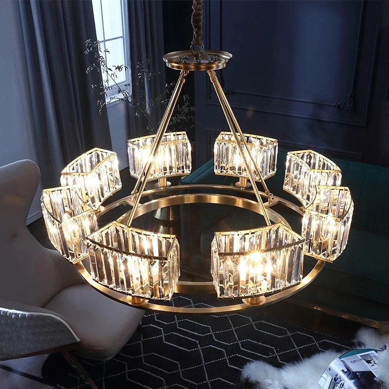 Luxury Copper Crystal Chandelier Lighting Modern LED Ceiling Light Home Deco Pendant Lamp for Living Dining Bedroom Hanging Lamp