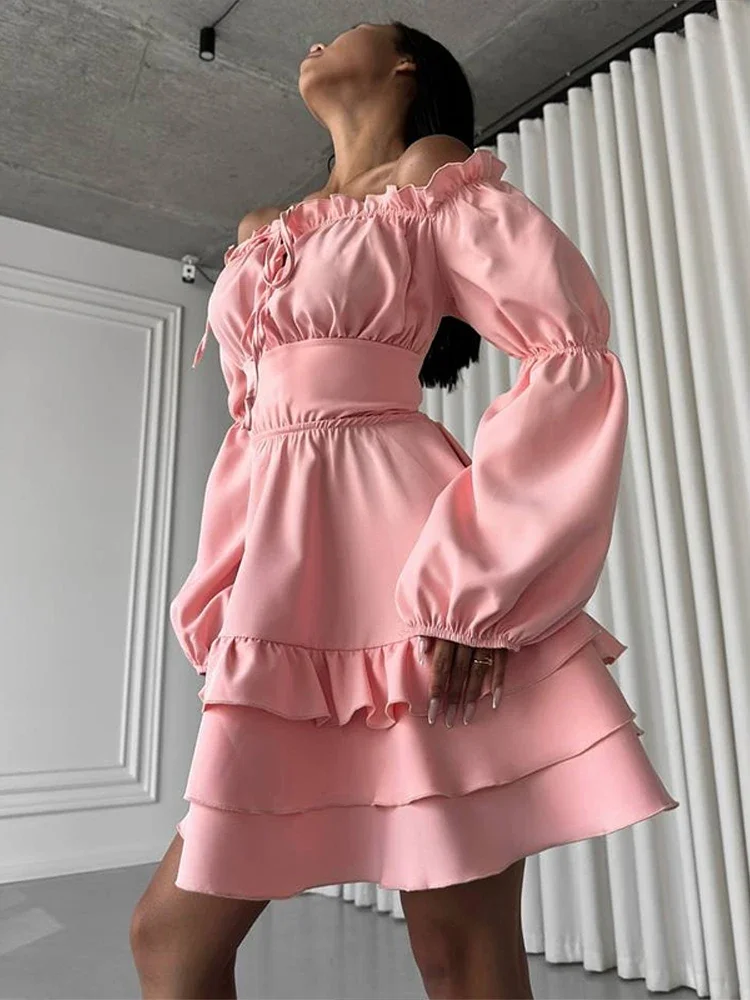 

Elegant Ruffles Off Shoulder Dress Women Lace Up Long Sleeves Backless Bandage Mini Robe Fashion Hollow Out Dresses Lady