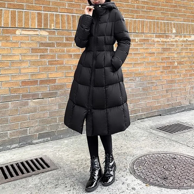 Ropa de mujer nuevo corsé de invierno negro impermeable de algodón mujeres elegante moda gruesa sudaderas con capucha Midi cintura elástica Parkas cuadradas