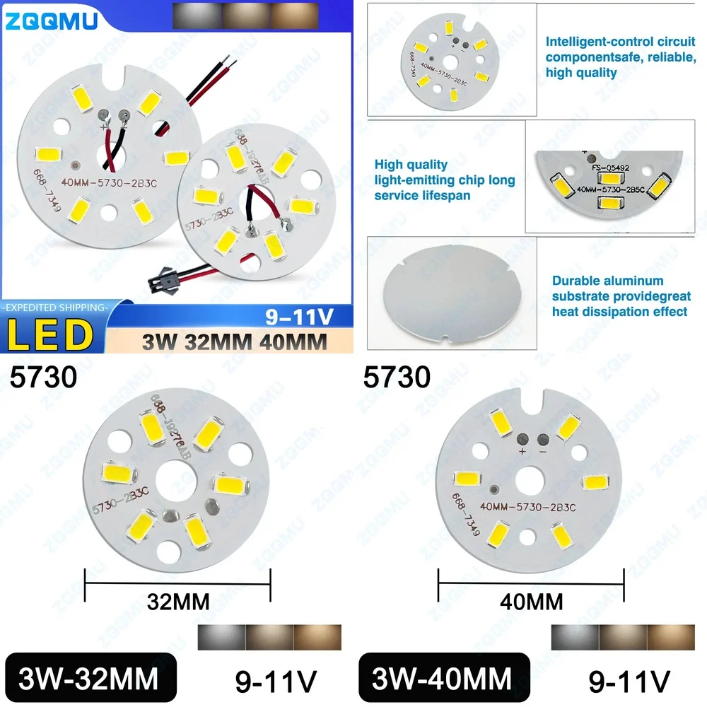 

10PCS 3W SMD5730 LED Chip 32MM 40MM 9-11V High Brightness Light Board for LED Bulb Downlight Ceiling Lamp PCB Module Replacement