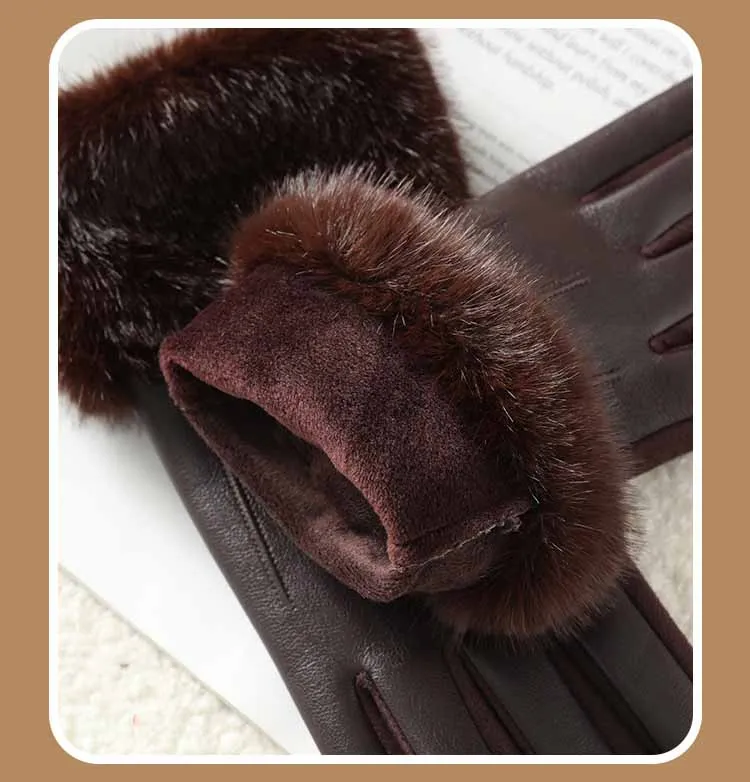 Winter Luxus frauen PU Leder Handschuhe Handgelenk Weiche Faux Pelz Trim Manschette Mode Elegante Party Warm Touch Screen Stick radfahren – Detail 5
