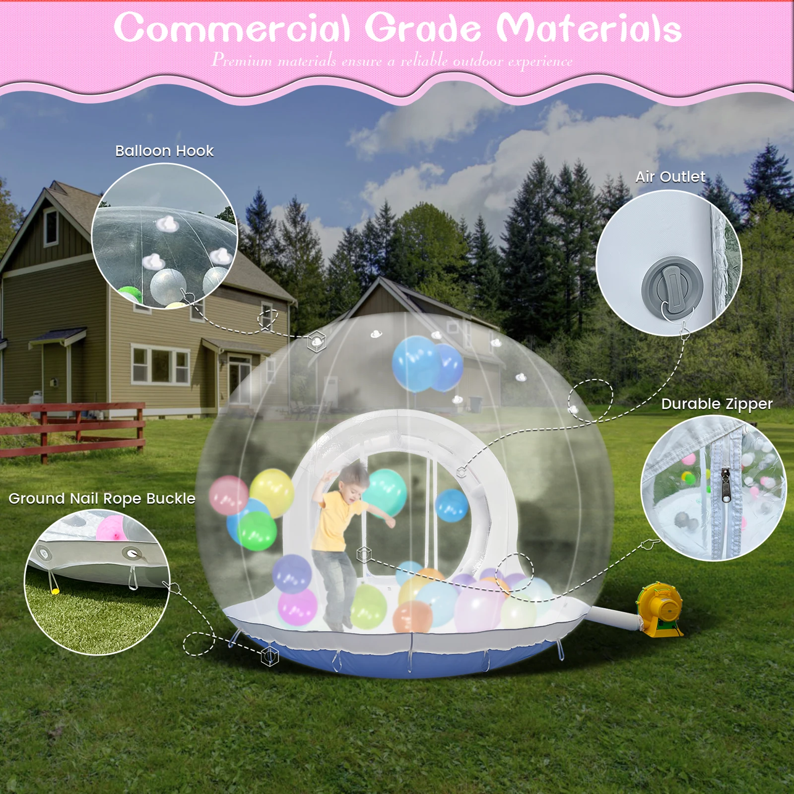 Nadmuchiwany dom z bąbelkami PVC 3M 10FT Nadmuchiwane zabawki dla dzieci Zamek komercyjny na zewnątrz z dmuchawą powietrza 1100W 100 balonów