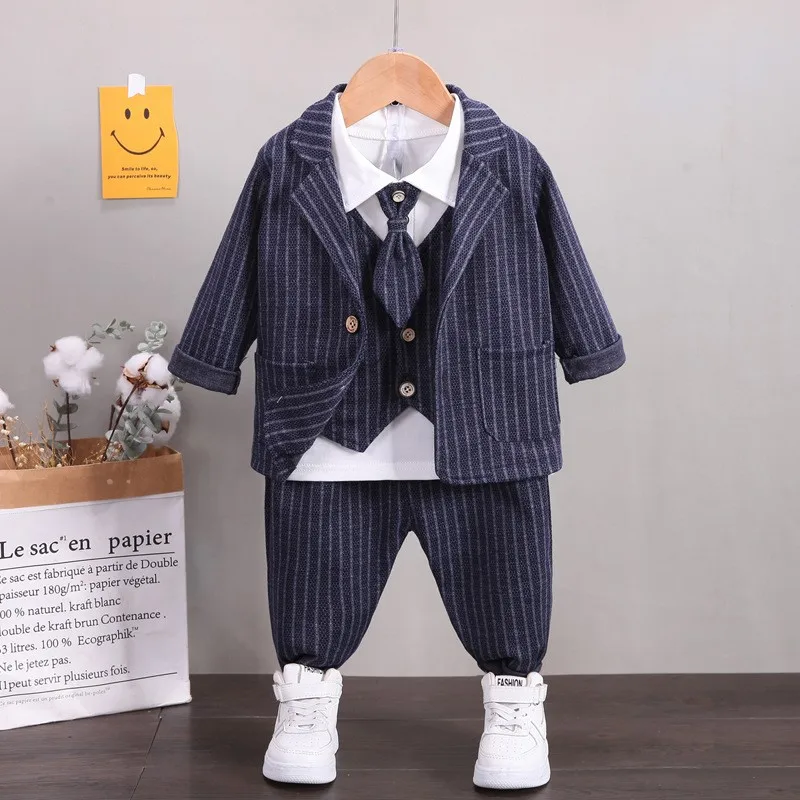 2023 new children\'s solid color Plaid gentleman suit set boy\'s tie shirt trousers three piece set children\'s baby formal dress