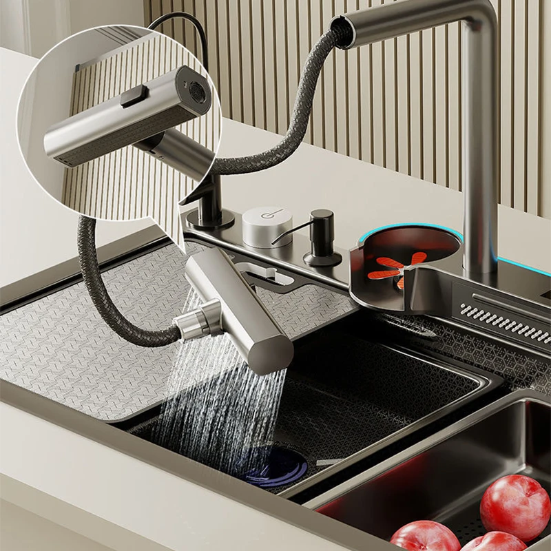 

New Kitchen Nano Stainless Steel Sink Honeycomb Integrated Single Slot Waterfall Faucet Smart Cup Washing Machine Bowl Waterfall