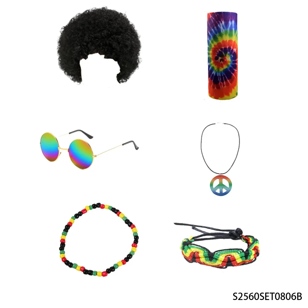 

PESENAR 60s Themed Set (including Black Wig, Handkerchief, Sunglasses, Peace Talisman Necklace, Bracelet, and Bracelet)