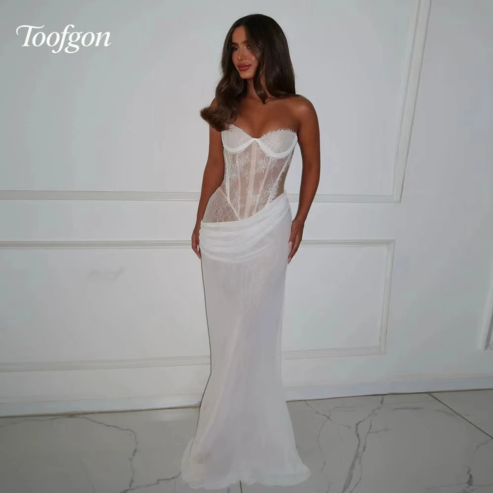 

Toofgon Modern Sweetheart Mermaid Bridal Evening Gowns Lace Appliques Corset Vestido De Novia Pleats Outfit Gown Customized