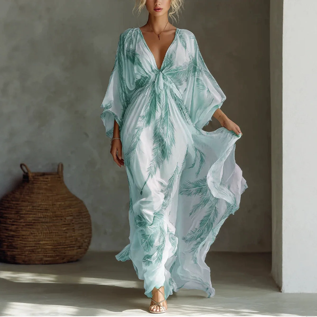 2026 Summer V Neck Print Maxi Dress Flowy Lantern Sleeve Boho Dresses Vacation Spring Summer