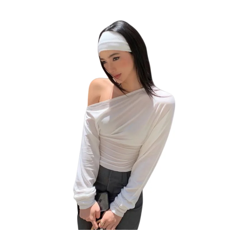 Women's Diagonal Collar Long Sleeve Hollow-Out T-Shirt Tops, Solid Color, Sexy