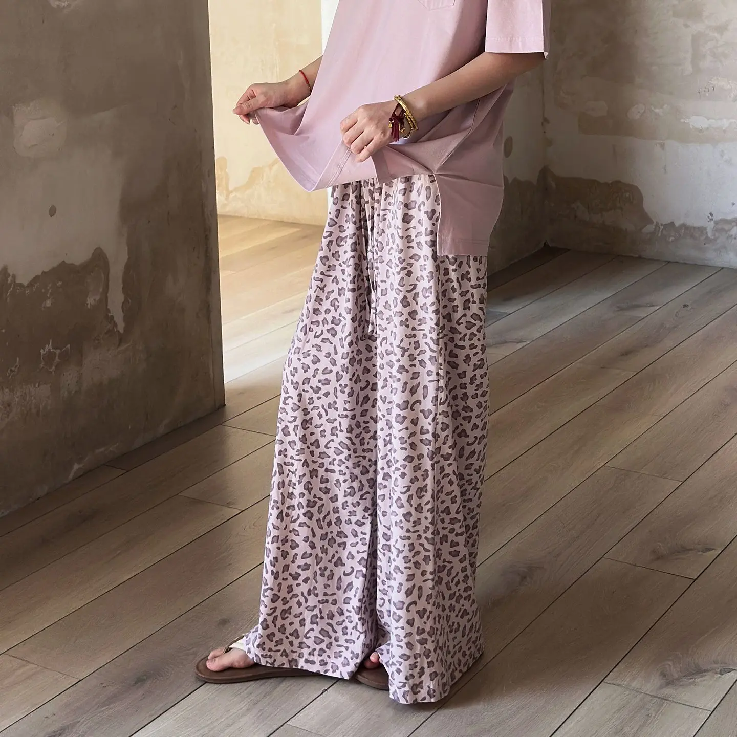 Spring, Autumn and Summer Thin Wide-leg Trousers Straight Leopard Print Home Trousers