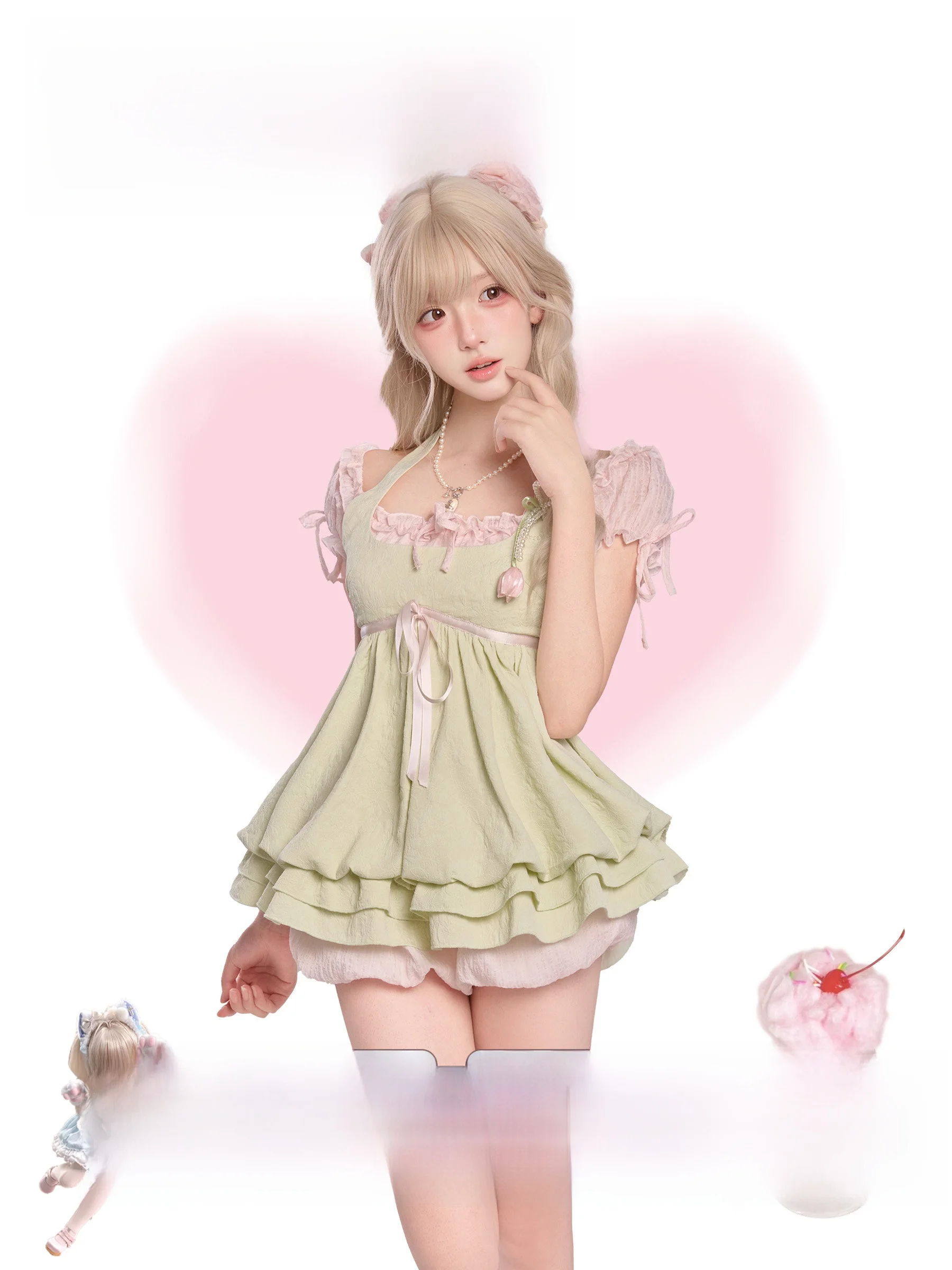Spring Summer Girl's Green Pink Bubble Dress Pinched Waist Short Sleeve Floral Lace Hemline Slim Fit Casual Outdoor Dress