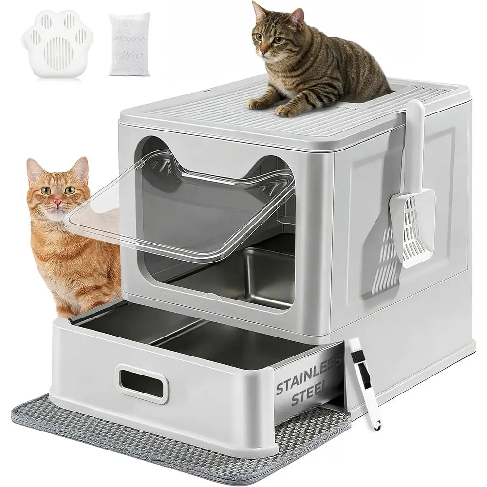 

Extra Large Metal Litter Box with Lid and Pull-Out Drawer for Top Entry Cats, Leak-Proof and Easy to Clean, Includes Litter Mat