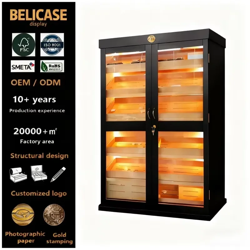 Factory Supplier Double Door Led Light Cigar Cabinet Display Commercial Cigar Humidor Showcase Cabinet Custom Cigar Cabinet
