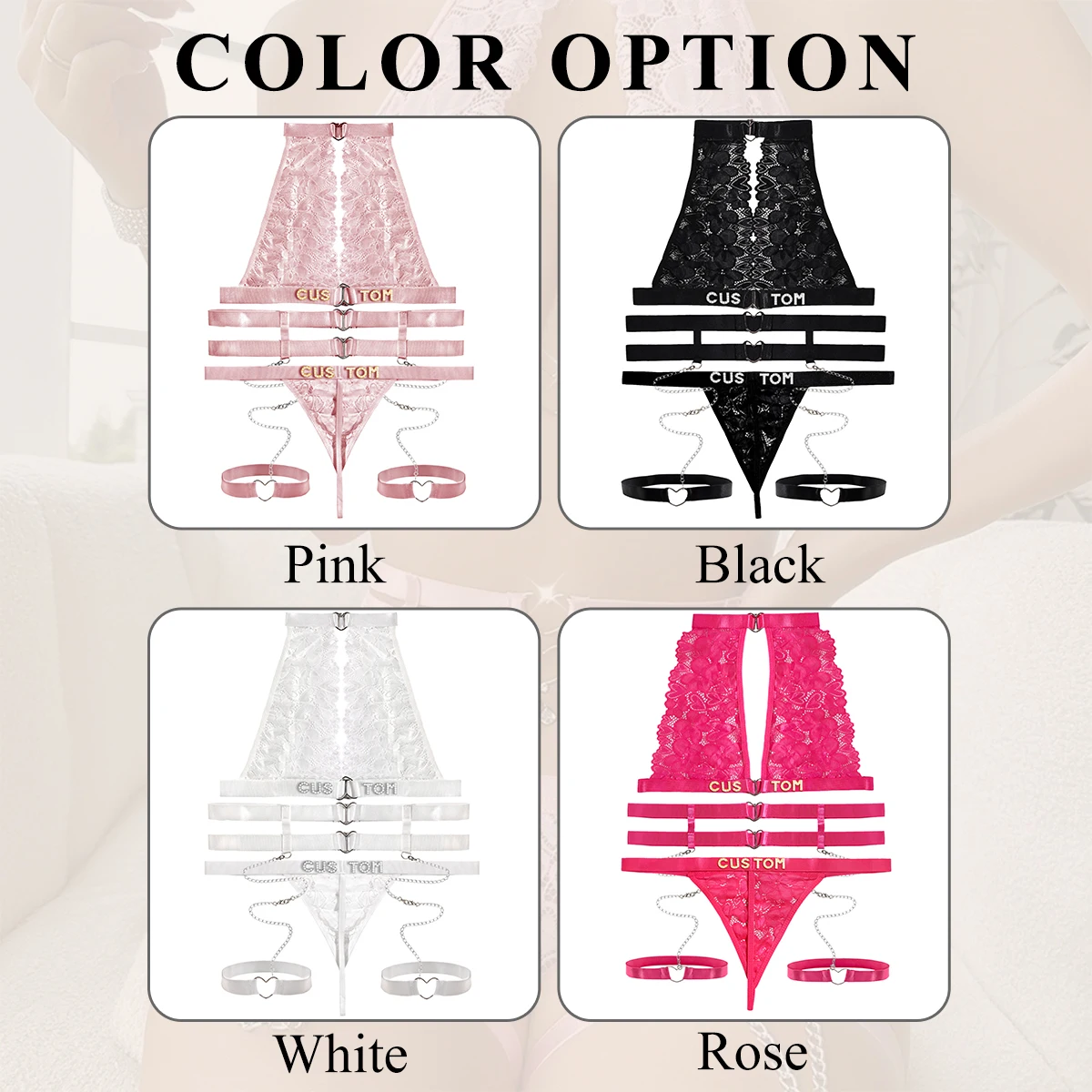 Sexy Customized Name Underwear Set Perspective Fancy Lace Top Set 3 Pieces Transparent corset See Through Bra and thong Set view 3