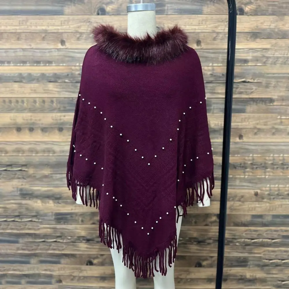 

Sweater Cape Bohemian Style Tassel Bead Cloak Poncho for Women Winter Faux Fur Triangle Wrap with Knitted Cable Design Warm