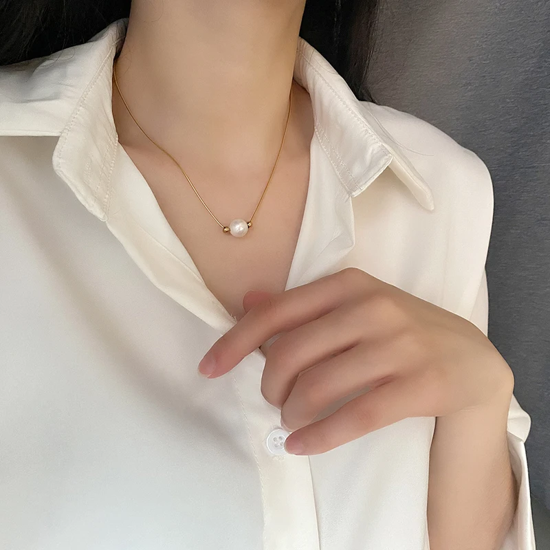 ANENJERY 316L Stainless Steel Pearl Necklace for Women Somple Niche Gold Color Clavicle Chain collares Jewelry Gift