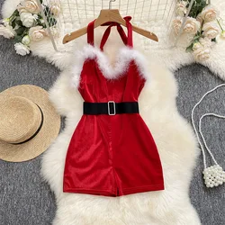 Lovermore Christmas Plush Feather Jumpsuit with Belts Cosplay Uniform Sexy New Year Underwear Hot Girl Role Play Lingerie Outfit