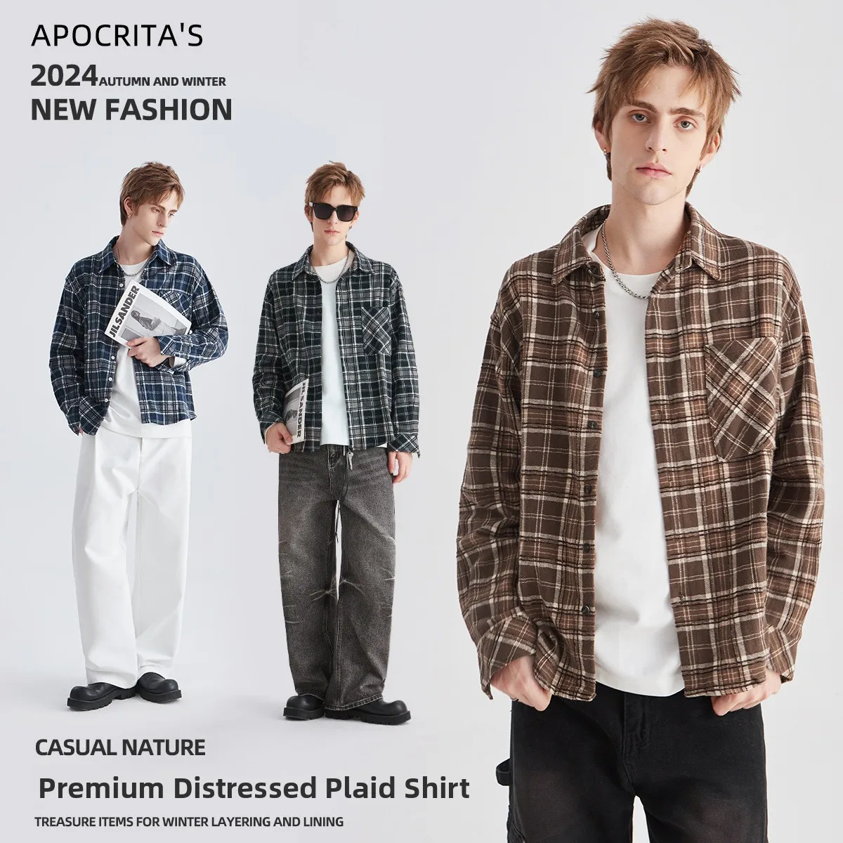

Men's Plaid Long Sve irt Casual Loose Fit Autumn New Sle APO Brand Cotton Blend Fabric Regular Thin Flip Collar