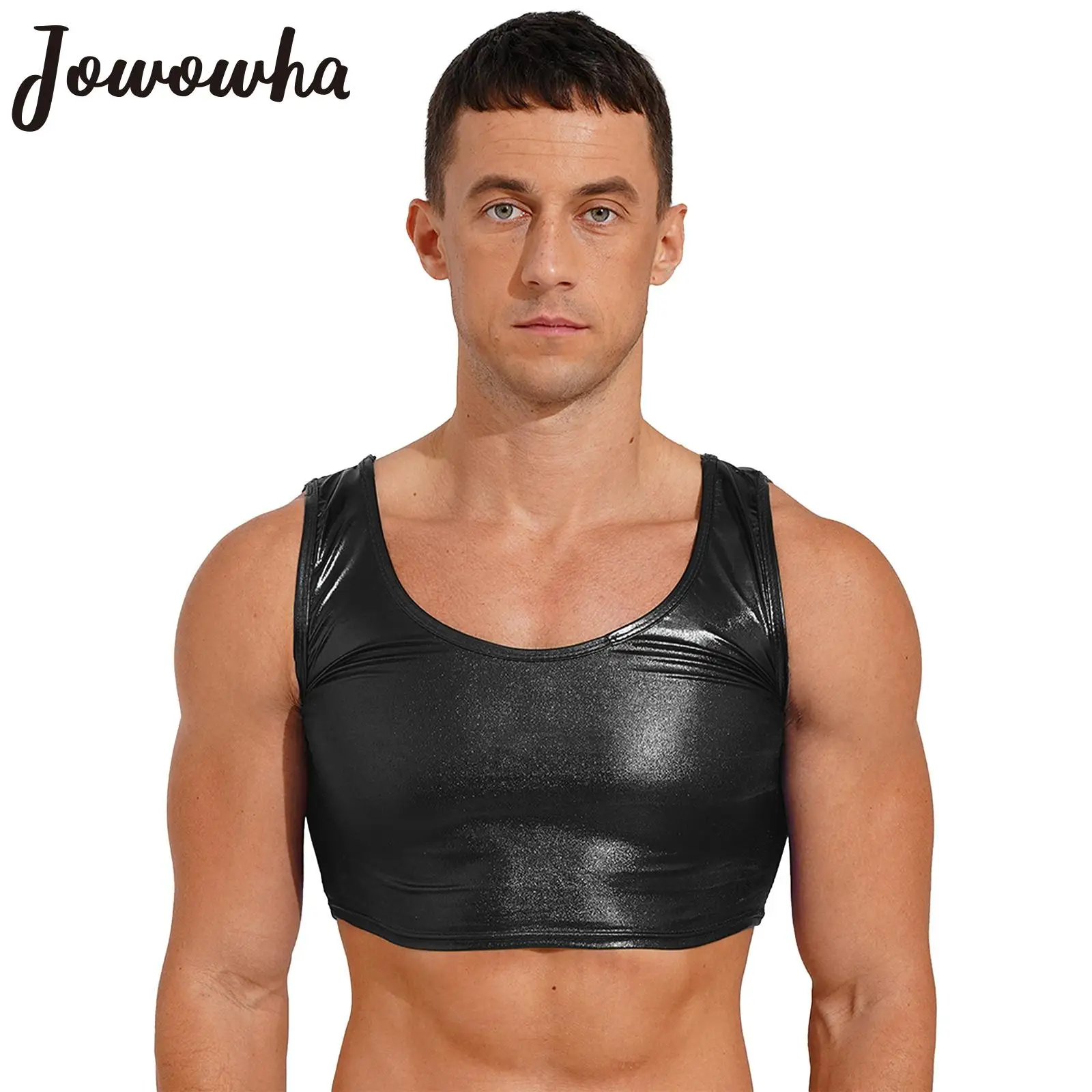 Mens Shiny Metallic Tanks Tops Wet Look Sleeveless Vest Stretchy Crop Top Rave Festival Party Pole Dance Performance Clubwear