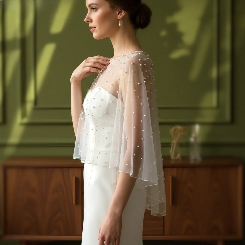 

Luxury Pearl Bride Wedding Dress Shawl Beaded Front Short Long Back Evening Dresses Scarves Cape Transparent Mesh Scarf Beach