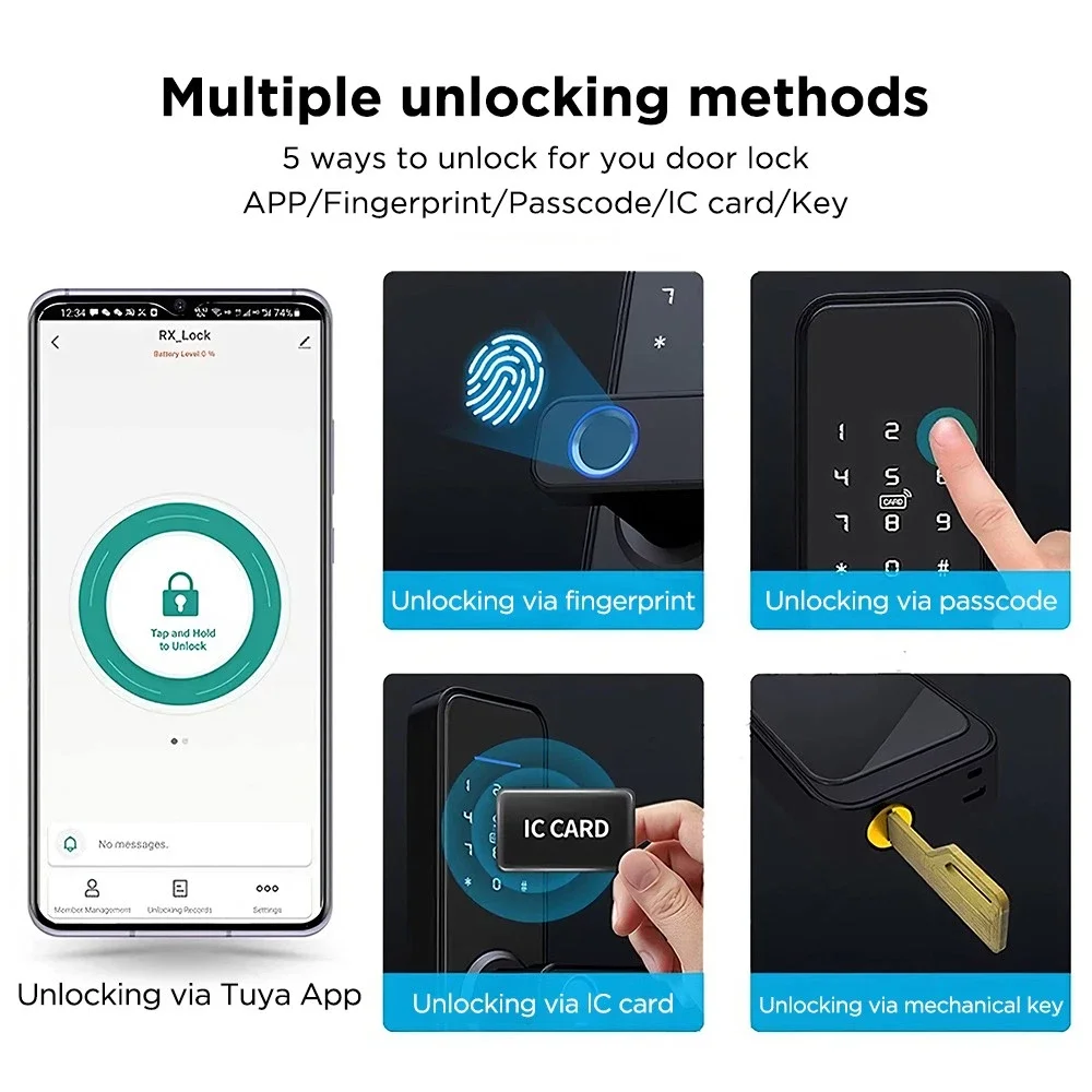 TUYA WiFi 스마트 도어 잠금 장치(핸들 잠금 해제 지문 카드 터치 스크린 포함) 사무실 보안을 위한 원격 스마트 도어 잠금 장치