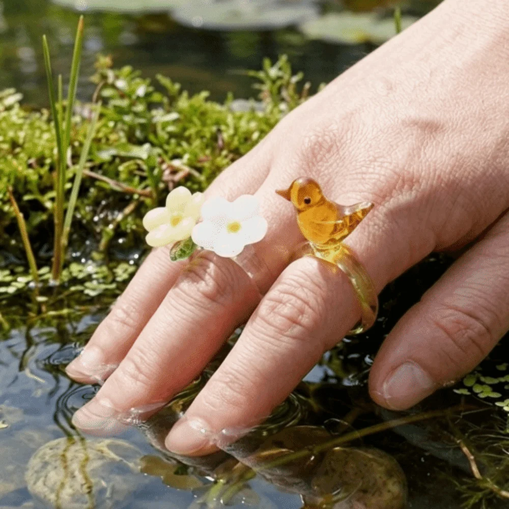 Fashion Handmade Glass Bird Ring Childishness Exquisite Flowers Finger Ring Vintage Cute Coloured Glaze Ring Hipster