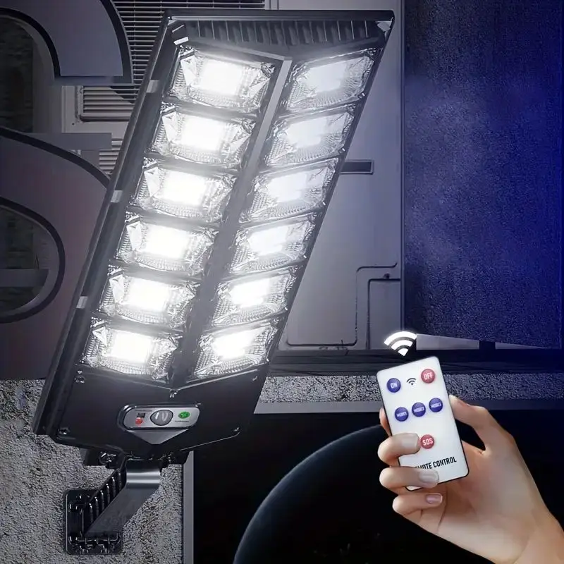 Solar Street Light, 12‑LED Outdoor Solar Flood Light with Monocrystalline Solar Panel, Motion Sensor, Remote Control, Timer & SOS Mode, IP44 Waterproof Wide‑Angle Solar Security Light for Yard, Garage, Farm, Pathway