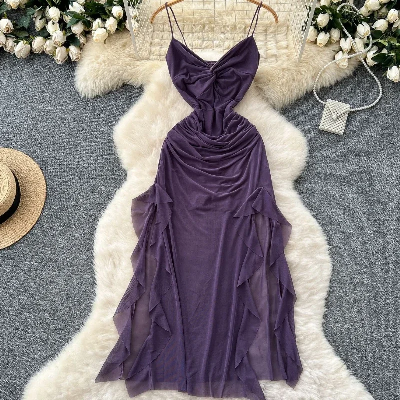 Pop Summer Sexy Strap Mesh Beach Long Dress Fashion Strap Cross Irregular Ruffles Split Sundress Solid Sheer Backless Party Dres