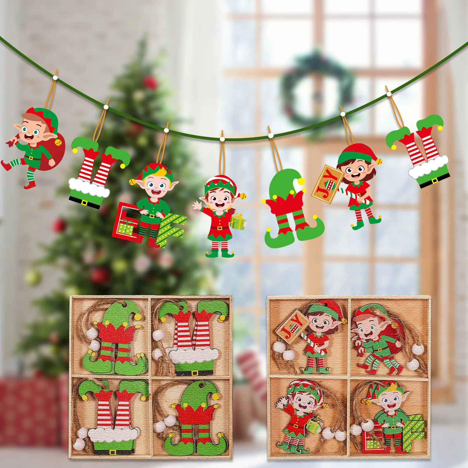 New 12pcs/box Colorful Elf Doll Wooden Christmas Pendants Christmas Tree Hanging Xmas Ornaments 2024 New Year Kids Gift