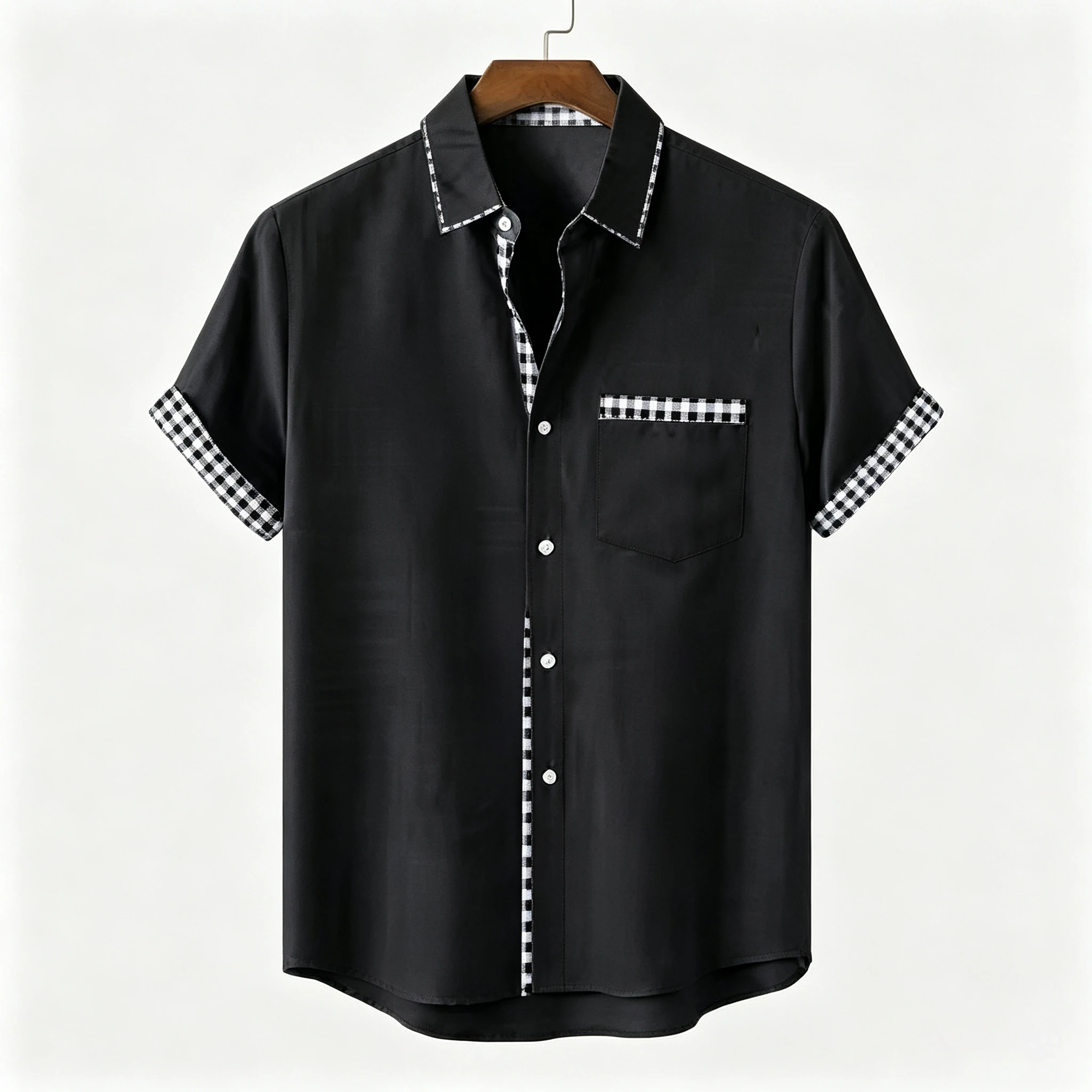 Simple color-blocked plaid solid color short-sleeved shirt, casual top for everyday outings.