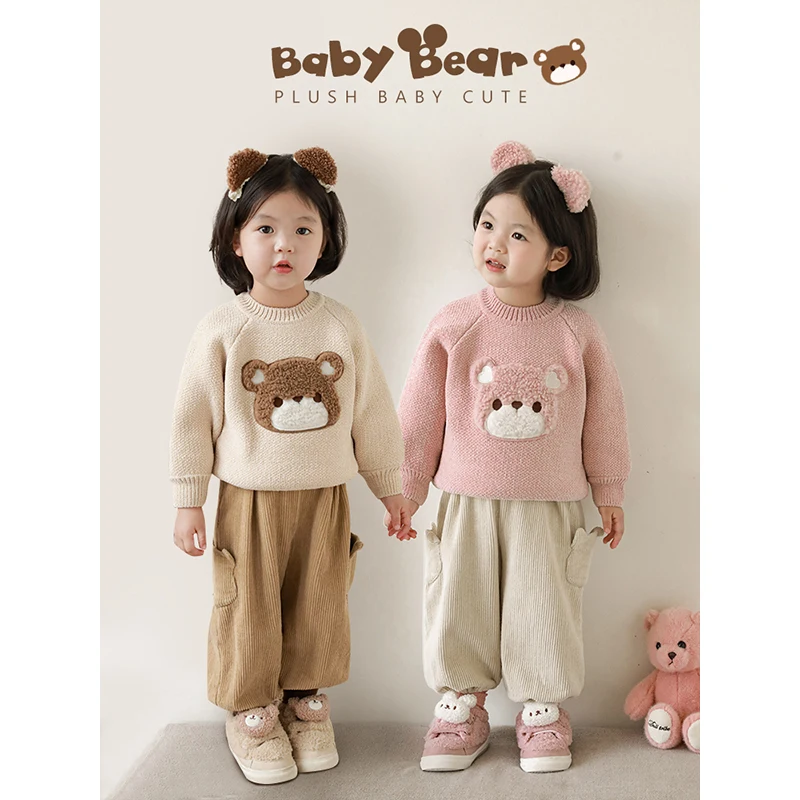 Girls' Bear Embroidered Sweater Autumn Children's Cute Warm Soft Loose Raglan Top