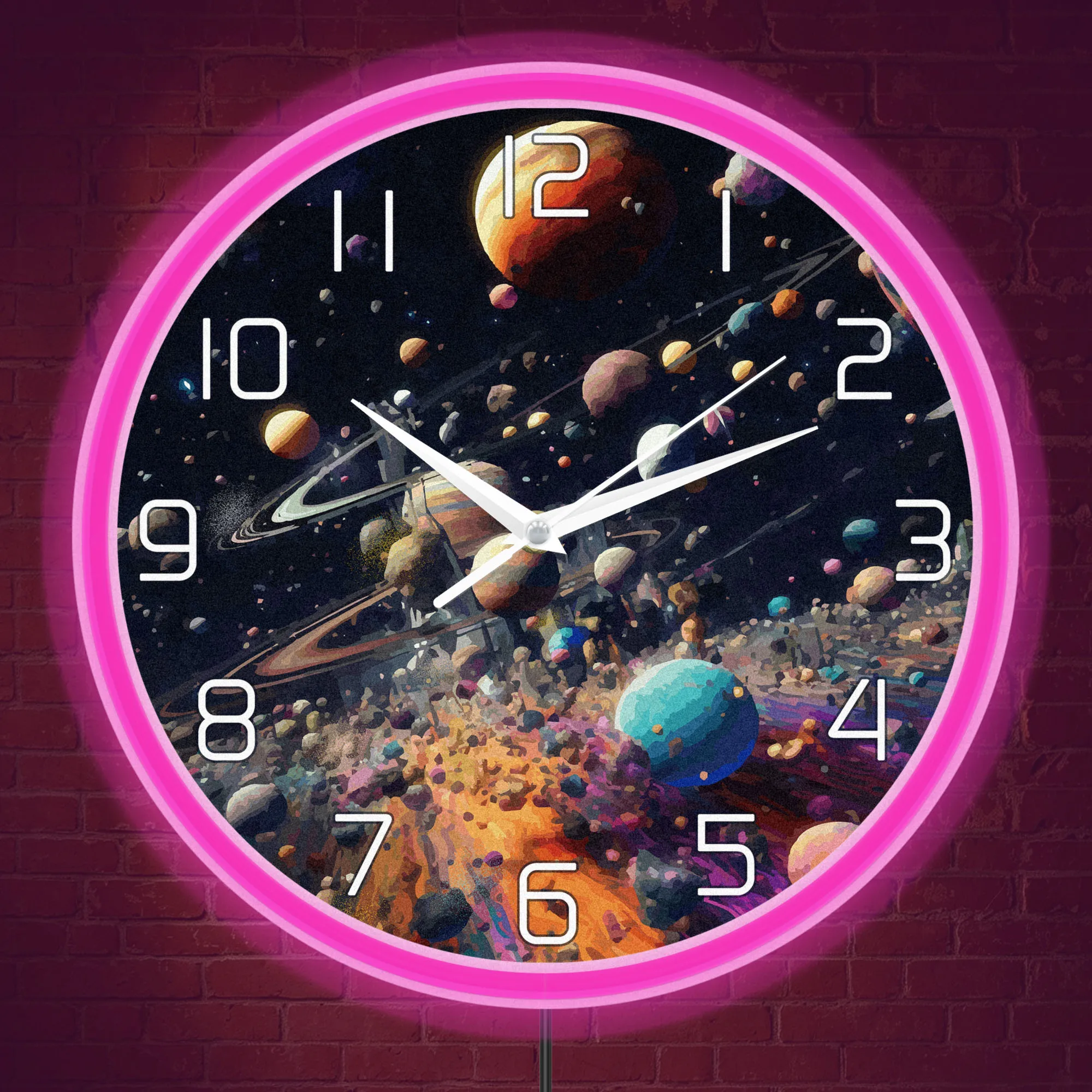 Cosmic Nebula Planets Neon Wall Clock Glow in Dark for Bedroom Living Room Universe Galaxy Art Starry Sky LED Lighted Wall Clock