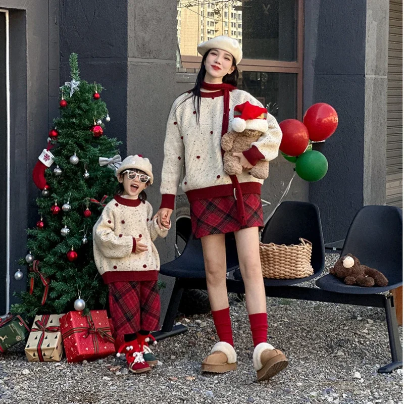 

Mother and Son Christmas Matching Outfit Mom and Baby Daughter Knitted Sweater + Plaid Skirts Two Piece Sets Children Sweater