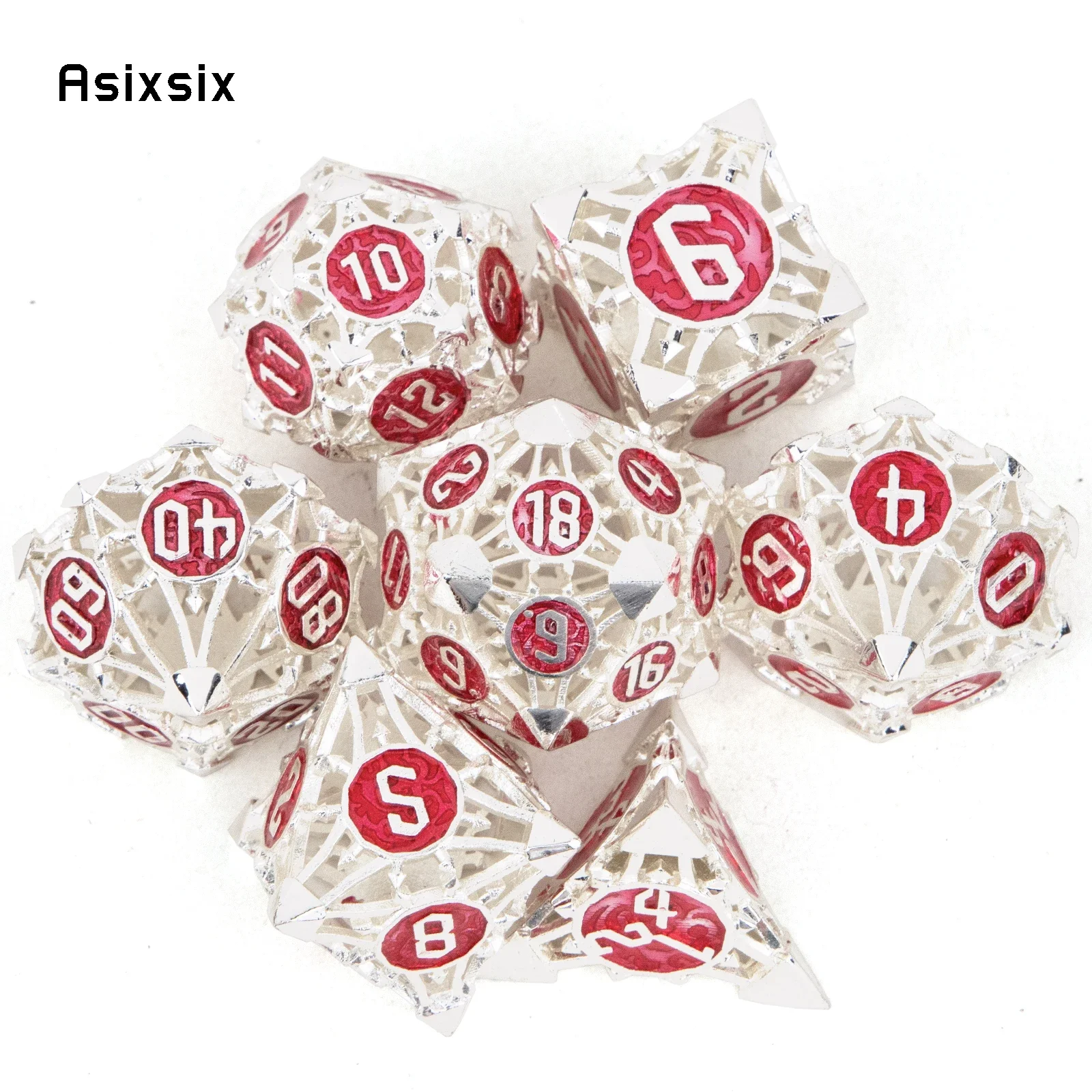 

7 Pcs Silver Red Metal Dice Hollow Metal Polyhedral Dice Set Suitable For Role-Playing RPG Gift Card Game